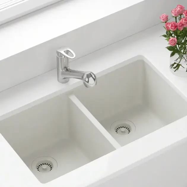 China manufacturers White Double Equal Bowl Quartz Granite Kitchen Sink